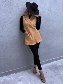 Button Front Dual Pocket Lapel Neck Overcoat - Khaki - View 5