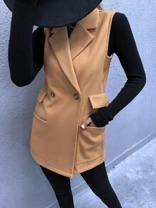 Button Front Dual Pocket Lapel Neck Overcoat - Khaki - View 6