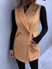 Button Front Dual Pocket Lapel Neck Overcoat - Khaki - View 7