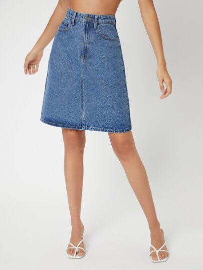 SHEIN EZwear 口袋細節拉鏈門襟牛仔半身裙