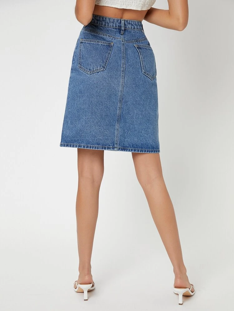 Pocket Detail Zipper Fly Denim Skirt