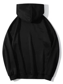 SHEIN EZwear Slogan Graphic Kangaroo Pocket Drawstring Thermal Hoodie - Black - View 2