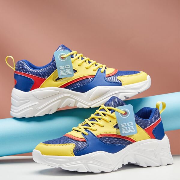 

Colorblock Lace-up Front Chunky Sneakers, Royal blue