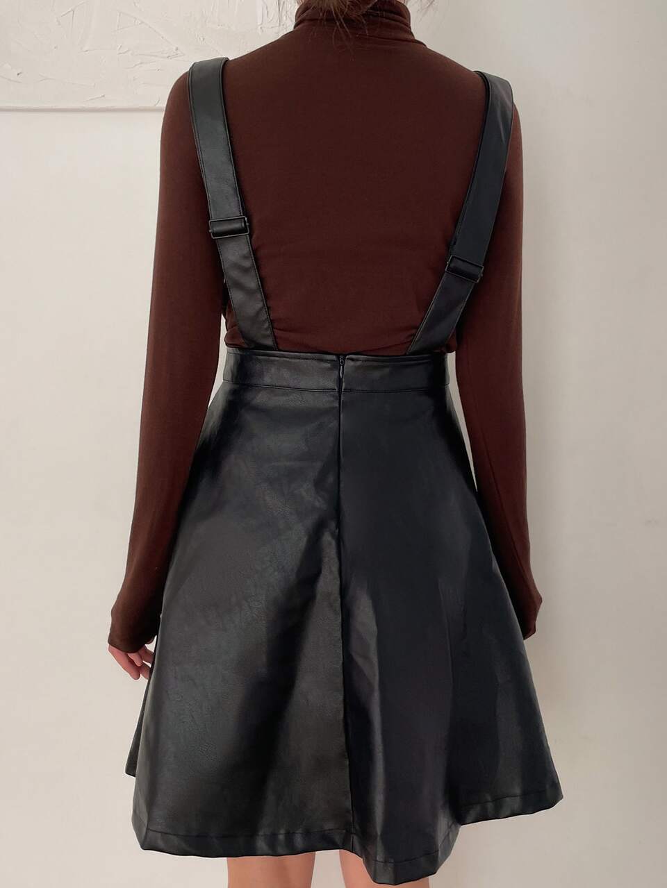 PU Solid Flare Hem Overall Dress