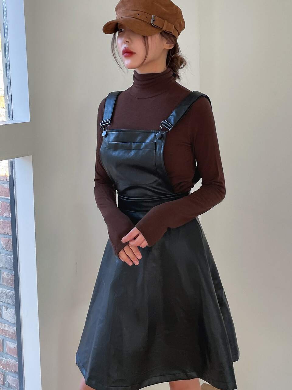 PU Solid Flare Hem Overall Dress
