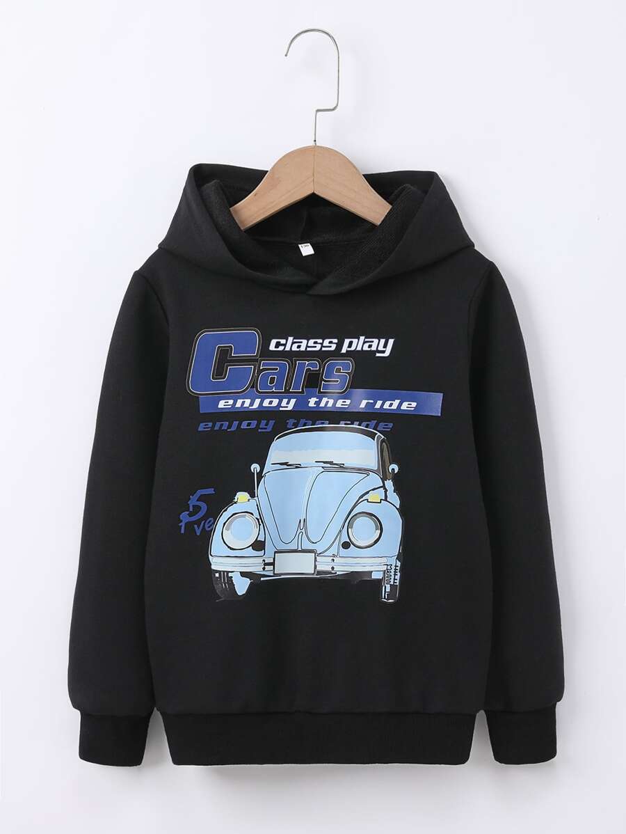 Tween Girl Letter & Car Print Sweatshirt - Black - View 1