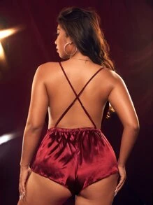 Plus Lace Trim Satin Romper Bodysuit - Burgundy - View 2