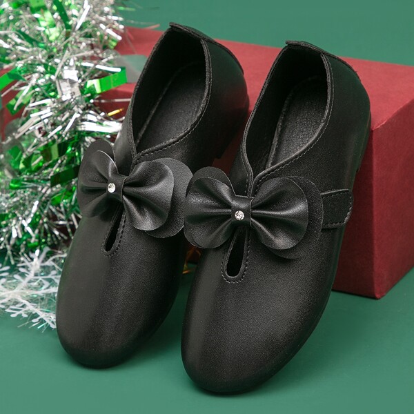 

Girls Bow Decor Velcro Strap Flats, Black