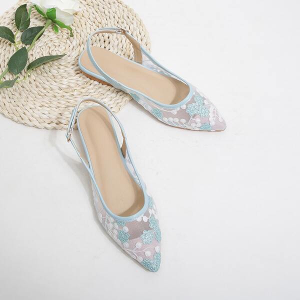 

Floral Embroidery Decor Slingback Flats, Baby blue