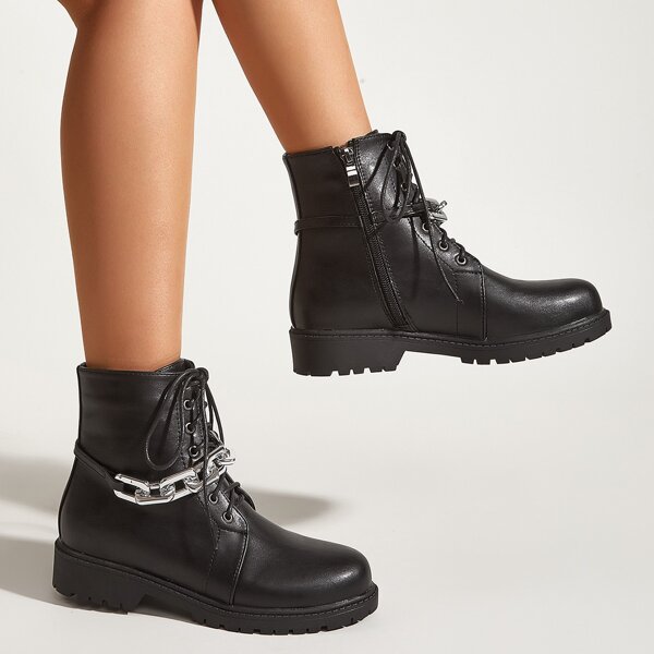 

Chain Decor Lace-up Combat Boots, Black