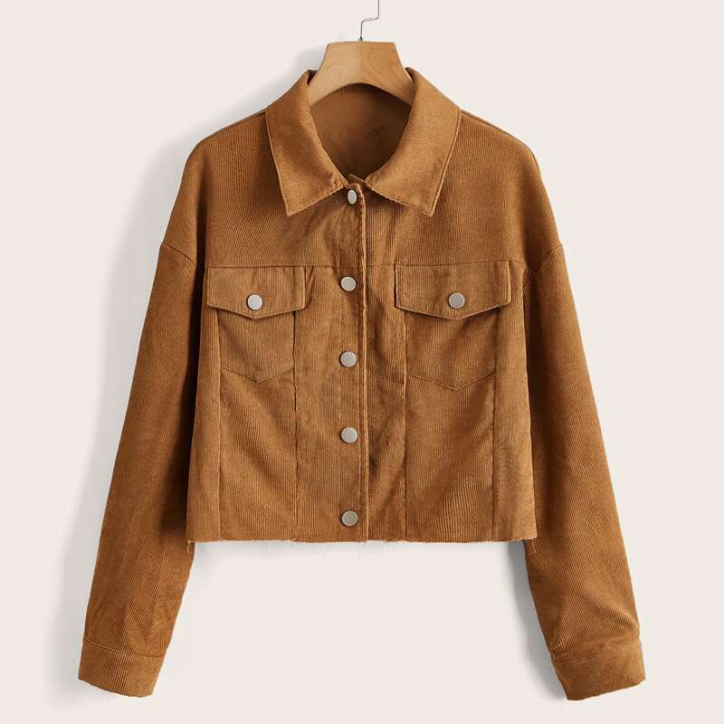 

Solid Corduroy Button Front Crop Jacket, Brown