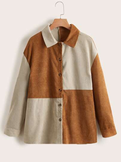 Colorblock Corduroy Button Front Overshirt