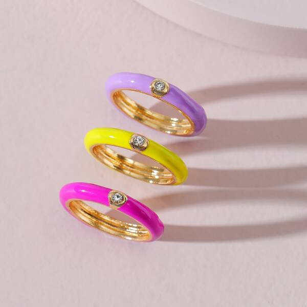 

3pcs Rhinestone Detail Ring, Multicolor