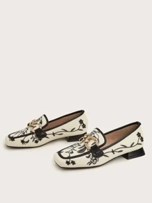 Embroidery Graphic Chain Decor Loafers,Women's Flat Shoe with Square Toe, Vintage Embroidery and Stylish Decoration Buckle - Multicolor - View 2