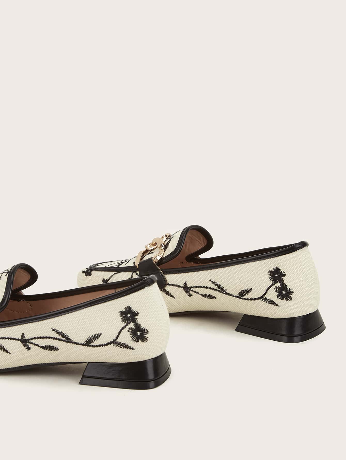 Mocasines De Decoración De Cadena Gráfica Bordada, Zapato Plano Para Mujer Con Punta Cuadrada, Bordado Vintage Y Hebilla De Decoración Elegante - Multicolor - Añade 4