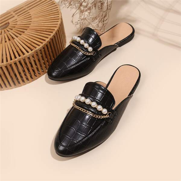 

Croc Embossed Faux Pearls & Chain Decor Mules, Black