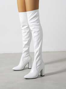 Timesize Botas blancas para mujer sobre la rodilla con tacón alto. Botas elásticas súper altas hasta el muslo. Botas de invierno de moda, sexy y elegantes para dama. - Blanco - Ver 5