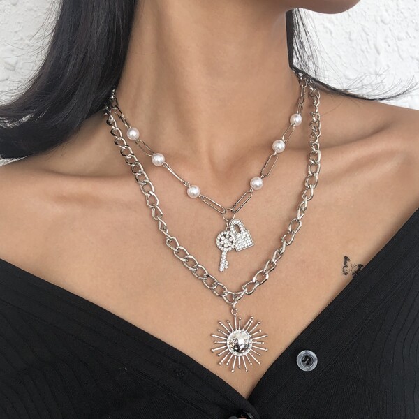 

Rhinestone Lock & Key Charm Layered Necklace, Silver