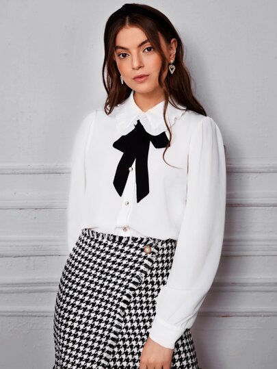 Blouse décontractée à manches longues, col claudine et manches bouffantes, avec boutons. Élégante pour le travail et les déplacements, pour l'automne