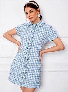 SHEIN MOD 格紋毛邊緣粗花呢連衣裙 - 藍白色 - 查看 1