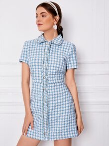 SHEIN MOD 格紋毛邊緣粗花呢連衣裙 - 藍白色 - 查看 3