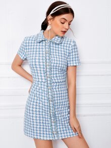 SHEIN MOD 格紋毛邊緣粗花呢連衣裙 - 藍白色 - 查看 4