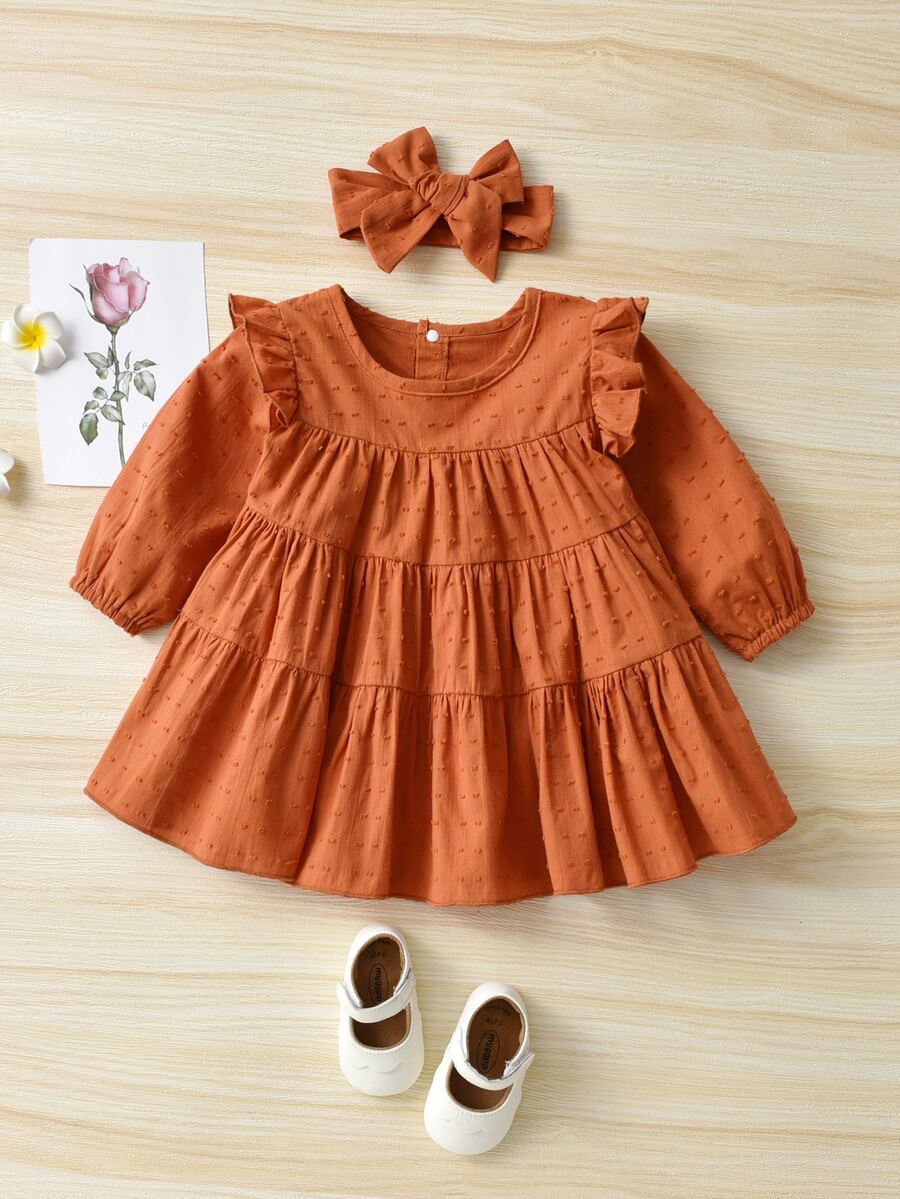 Bebé niña Vestido babydoll ribete con fruncido con diadema - Marrón - Ver 1