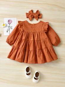 Bebé niña Vestido babydoll ribete con fruncido con diadema - Marrón - Ver 2