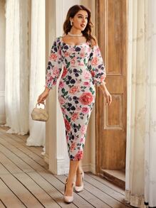 Modelyn Floral Print Flounce Sleeve Split Back Bodycon Dress - Multicolor - View 3