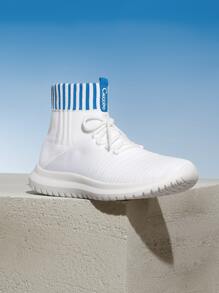 Cuccoo Contrast Trim Lace Up Decor Knit Sneakers - White - View 8