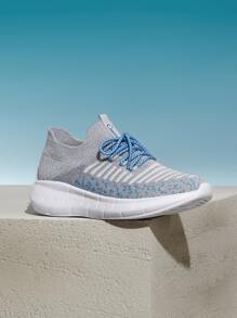 Cuccoo Striped Pattern Lace Up Decor Knit Sneakers - Grey - View 4