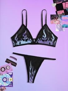 ROMWE Fire Pattern Mesh Lingerie Set - Black - View 1
