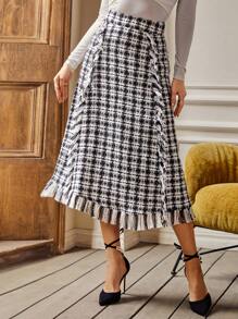 Modelyn High Waist Plaid Raw Trim Tweed Skirt