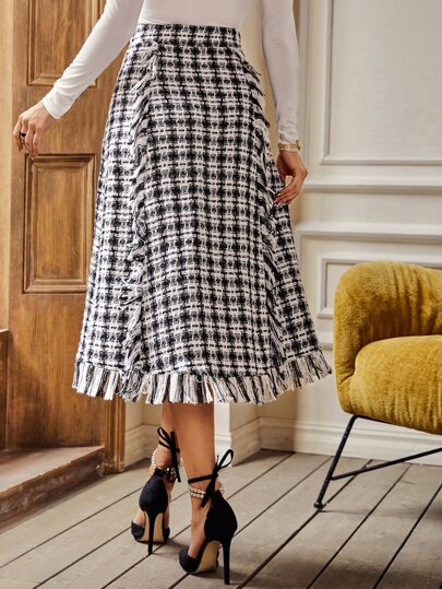 SHEIN High Waist Plaid Raw Trim Tweed Skirt