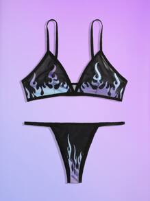 ROMWE Fire Pattern Mesh Lingerie Set - Black - View 5
