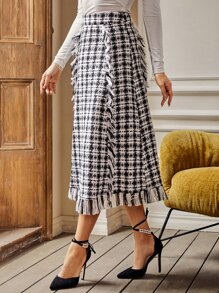 Modelyn High Waist Plaid Raw Trim Tweed Skirt