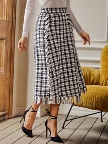 Modelyn High Waist Plaid Raw Trim Tweed Skirt