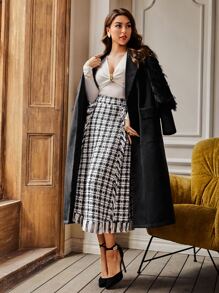 Modelyn High Waist Plaid Raw Trim Tweed Skirt