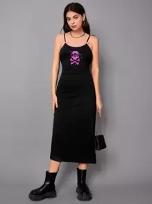 Muchica Skeleton Print Cut Out Back Bow Front Cami Dress - Black - View 1