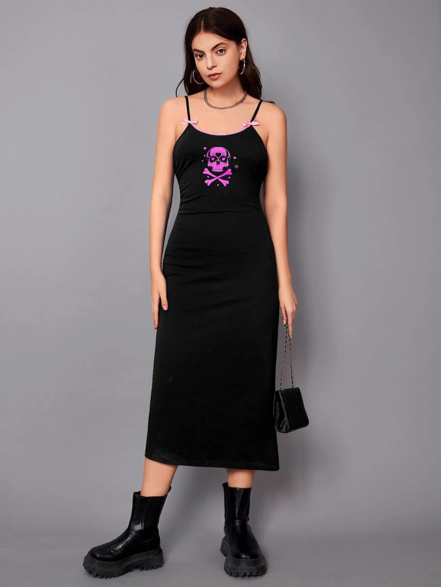 Muchica Skeleton Print Cut Out Back Bow Front Cami Dress - Black - View 1