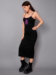 Muchica Skeleton Print Cut Out Back Bow Front Cami Dress - Black - View 3