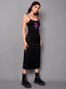 Muchica Skeleton Print Cut Out Back Bow Front Cami Dress - Black - View 4