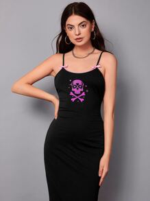 Muchica Skeleton Print Cut Out Back Bow Front Cami Dress - Black - View 5