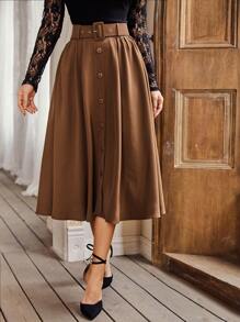 Modelyn Button Front Belted Flare Skirt - Coffee Brown - View 1