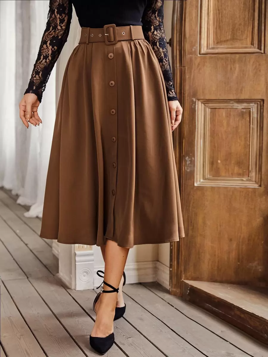Modelyn Button Front Belted Flare Skirt - Coffee Brown - View 1