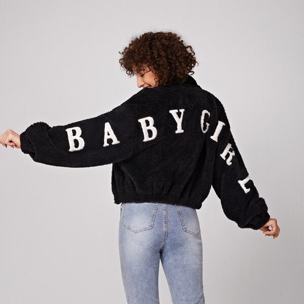 

Letter Embroidery Zip Up Drop Shoulder Teddy Jacket, Black