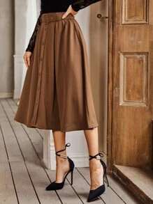 Modelyn Button Front Belted Flare Skirt - Coffee Brown - View 3