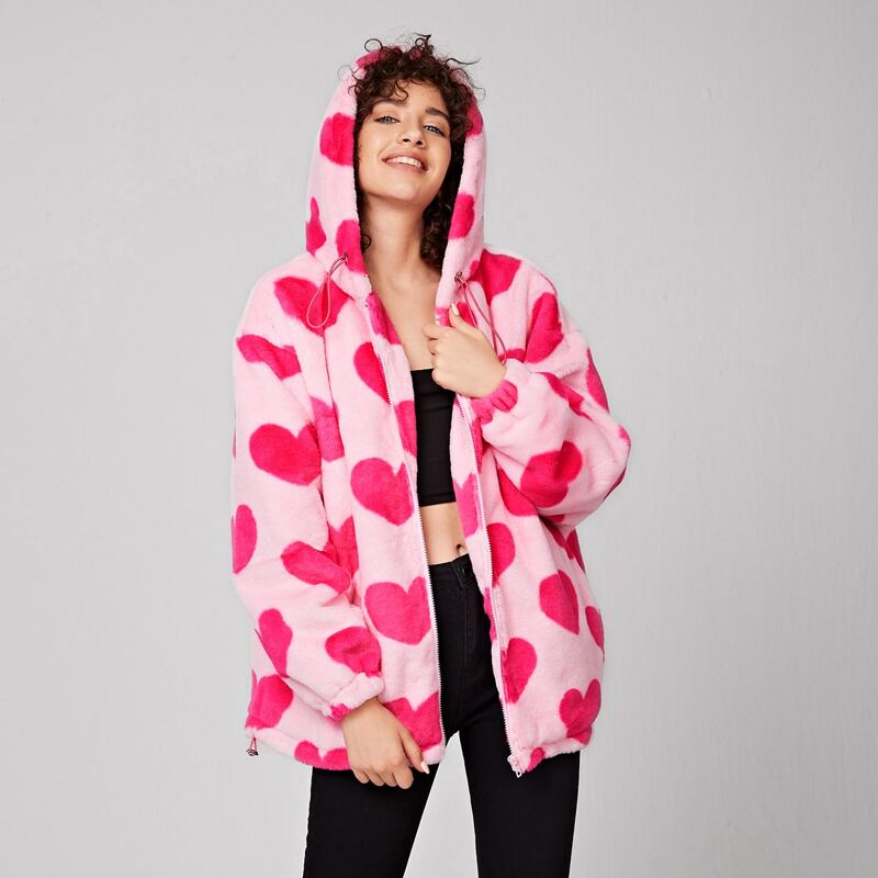 

Heart Pattern Drop Shoulder Drawstring Hooded Fuzzy Coat, Pink
