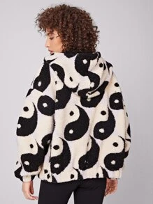 SHEIN Yin & Yang Print Zip Up Hooded Teddy Jacket - Multicolor - View 2