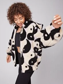 SHEIN Yin & Yang Print Zip Up Hooded Teddy Jacket - Multicolor - View 3